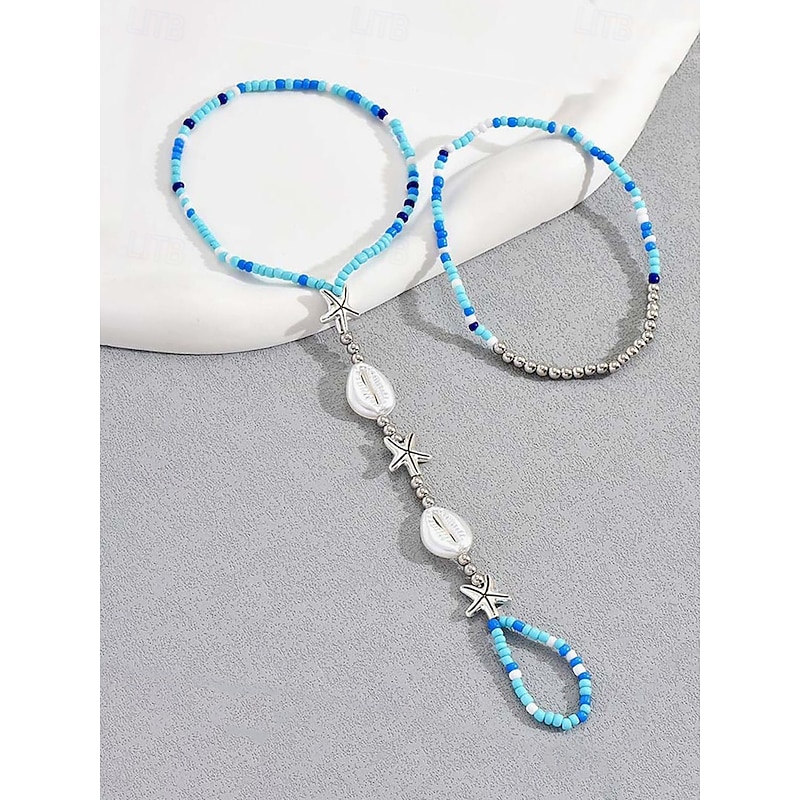 Beach Foot Jewelry - Blue Beaded Anklet with Starfish and Cowrie Shells, Adjustable and Boho Chic, Perfect for Summer, Beach Parties and Festivals4