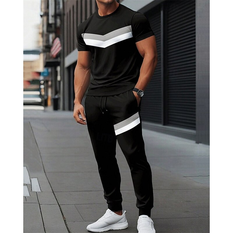 Men's Workout Set Tracksuit T shirt & Pants Set Outfit Set Crew Neck Outdoor Daily Sports Pocket Drawstring 2 Piece Color Block Black Light Grey Polyester Activewear Classic Casual Summer2