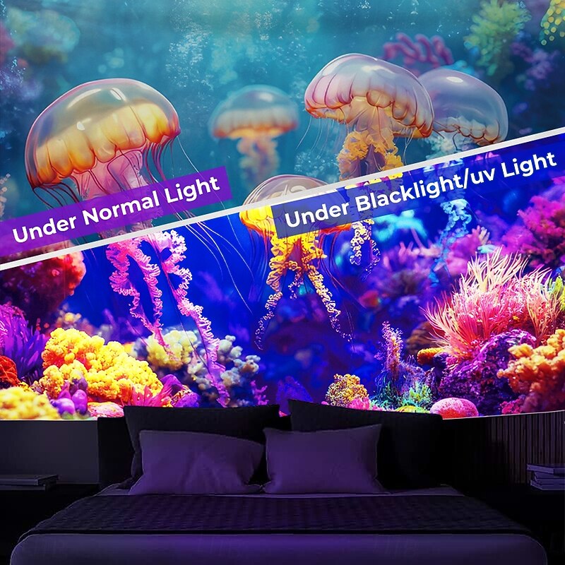 Blacklight Tapestry Glow in the Dark Glow Party UV Reactive Jellyfish Trippy Misty Nature Landscape Hanging Tapestry Wall Art Mural for Living Room Bedroom2