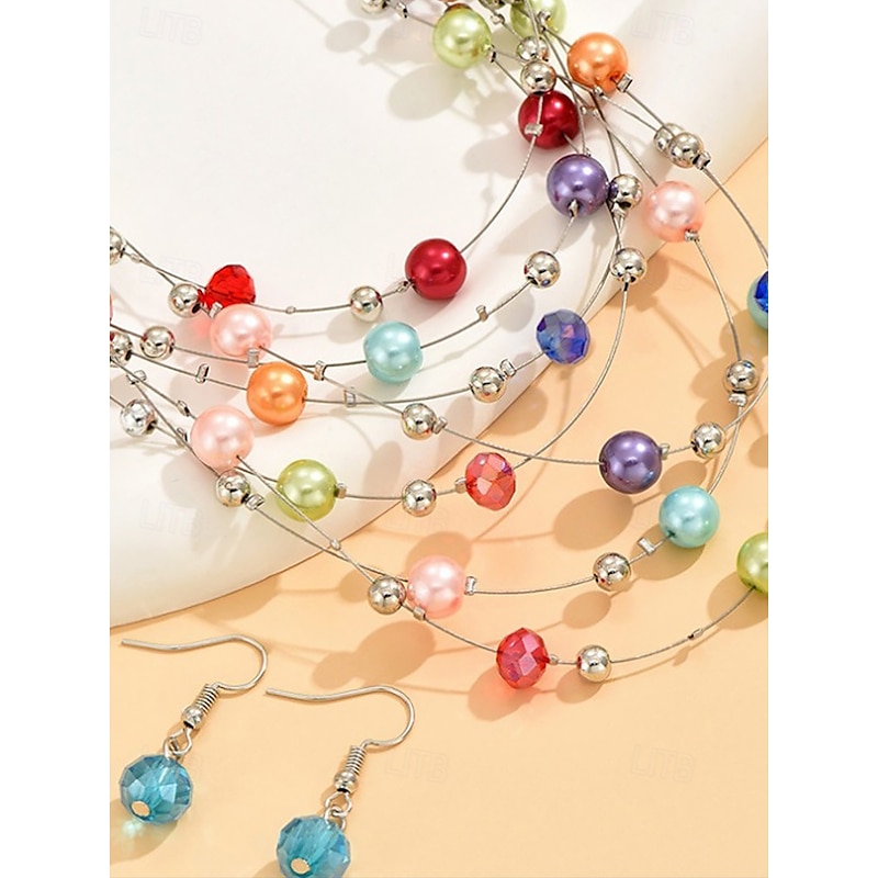 Women's Multicolor Beaded Layered Necklace & Earrings Set – Elegant Statement Jewelry for Weddings, Parties, and Evening Wear4