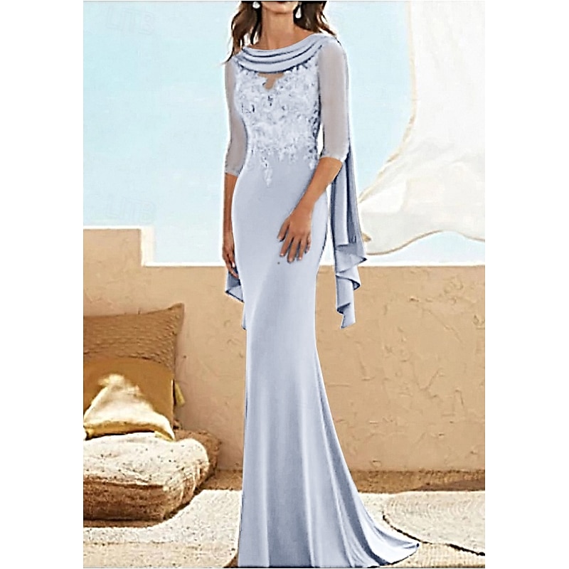 Sheath Mother of the Bride Dress Wedding Guest Elegant Plus Size Jewel Neck Floor Length Chiffon Lace Half Sleeve with Appliques Ruching 5