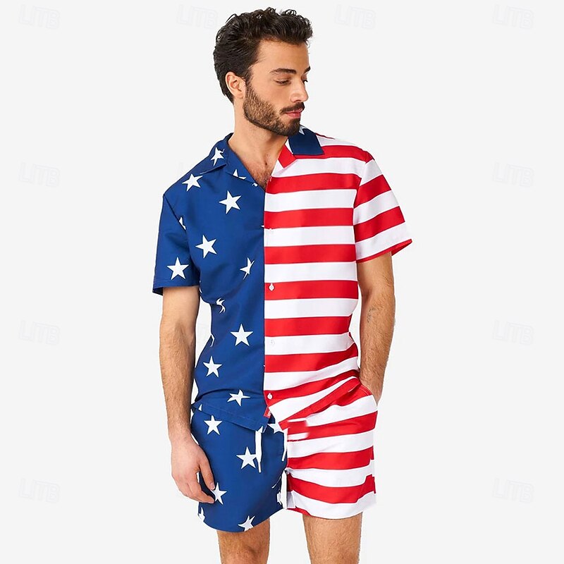 Men's American US Flag 2pcs Shirts Sets Shirt Short Sleeve Short Pants Cuban Collar Vacation Street Style Party Casual Daily 3D Print Summer Robin's Egg Blue