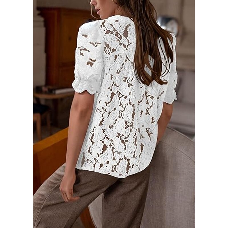 Women's Boho Shirt Lace Shirt Dressy Tops Lace Tops Solid Color Elegant Cute Hawaiian Short Sleeve Lantern Sleeve Crew Neck Regular Tops Daily Holiday Going out Lace Buttons Black White Light Green2