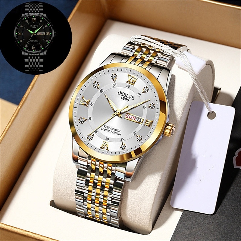 Original Business Style Roman Dial Men'S Watch Luminous Date Of The Week Rhinestone Quartz Sport Watch Elegant And Stylish Plus Box
