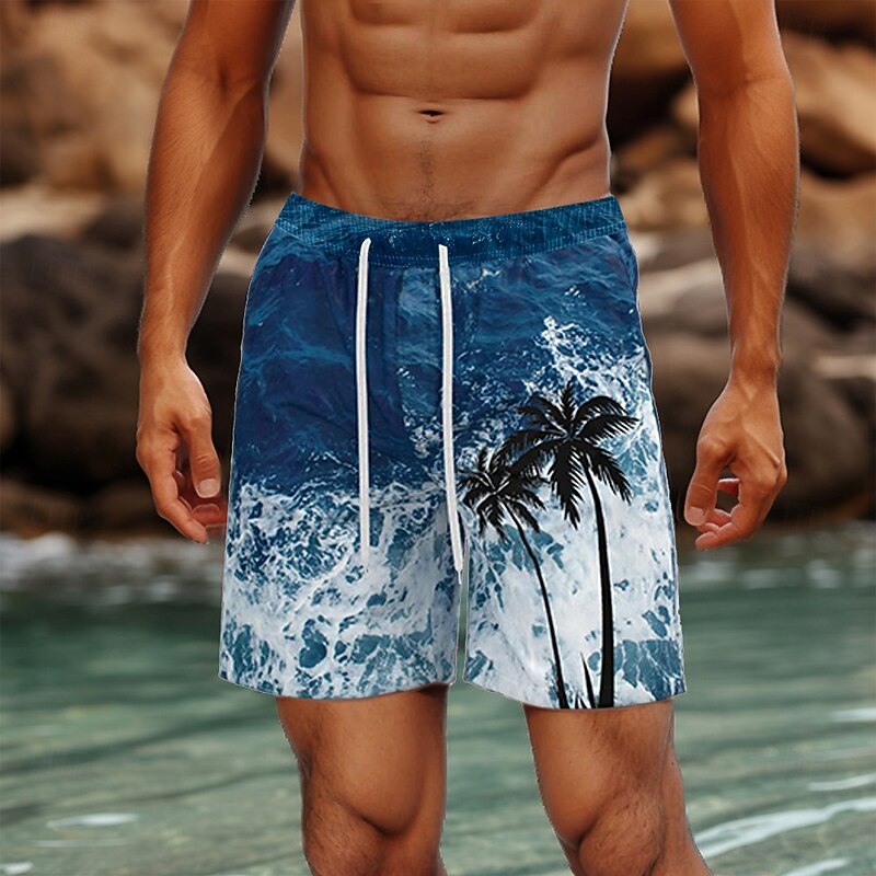 Men's Coconut Tree Ocean Tropical Plants Swim Trunks Swim Shorts Board Shorts Mid Waist Streetwear Hawaiian Vacation Holiday Beach Wear Side Pockets Mesh Lining Elastic Drawstring Waist Designer