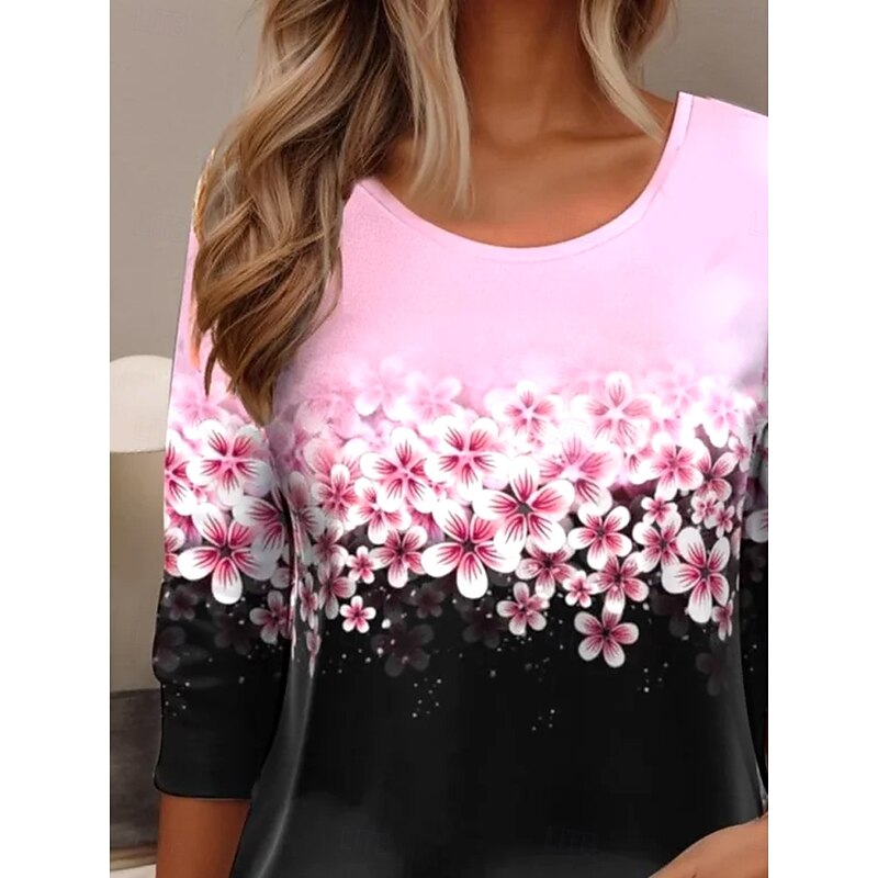 Women's T shirt Crew Neck Long Sleeve Tunic Floral Elegant Vintage  Regular Tops Daily Going out Weekend Print Pink2