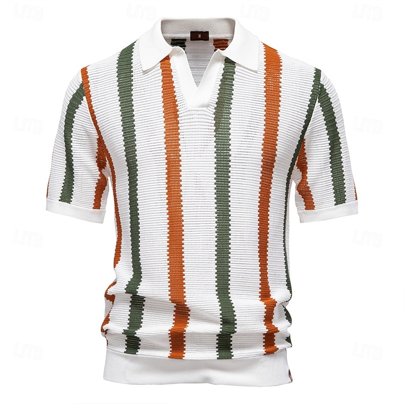 Men's Polo Knit Polo Sweater Formal Work Seagull collar Short Sleeve Striped Vertical Stripes Stripe-Trim Stripe Spring White Polo