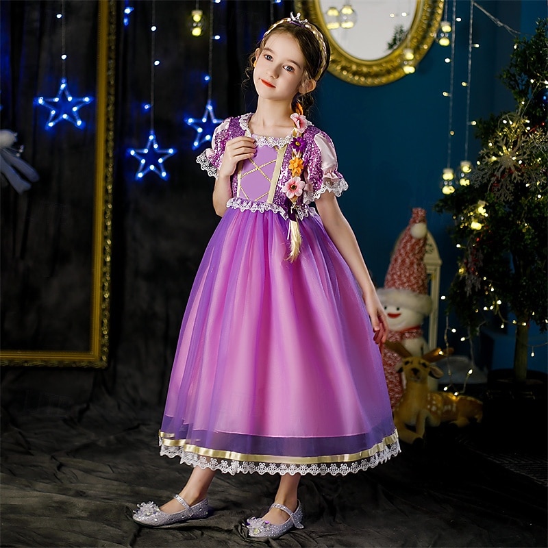 Kids Girls' Dress Color Block Short Sleeve Outdoor Casual Lace Fashion Costume Polyester Midi Casual Dress A Line Dress Tulle Dress Summer Spring 4 years+ Pink Purple