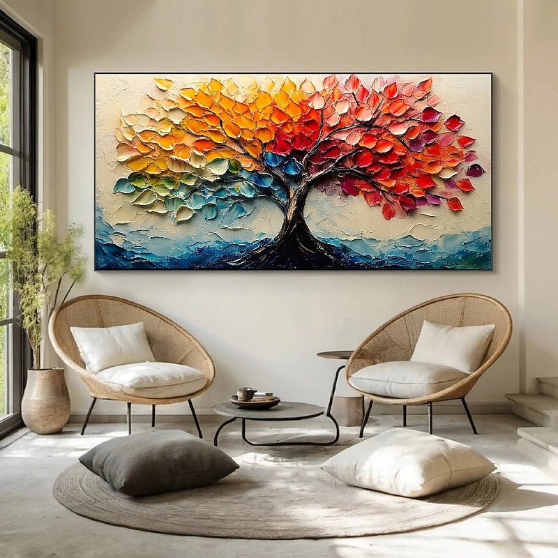 Handpainted  Colorful Dots Tree Oil Painting on Canvas Modern Textured flower tree painting Wall Art 3D Floral Painting Contemporary Art Large Wall Art oil painting for Living Room Decor