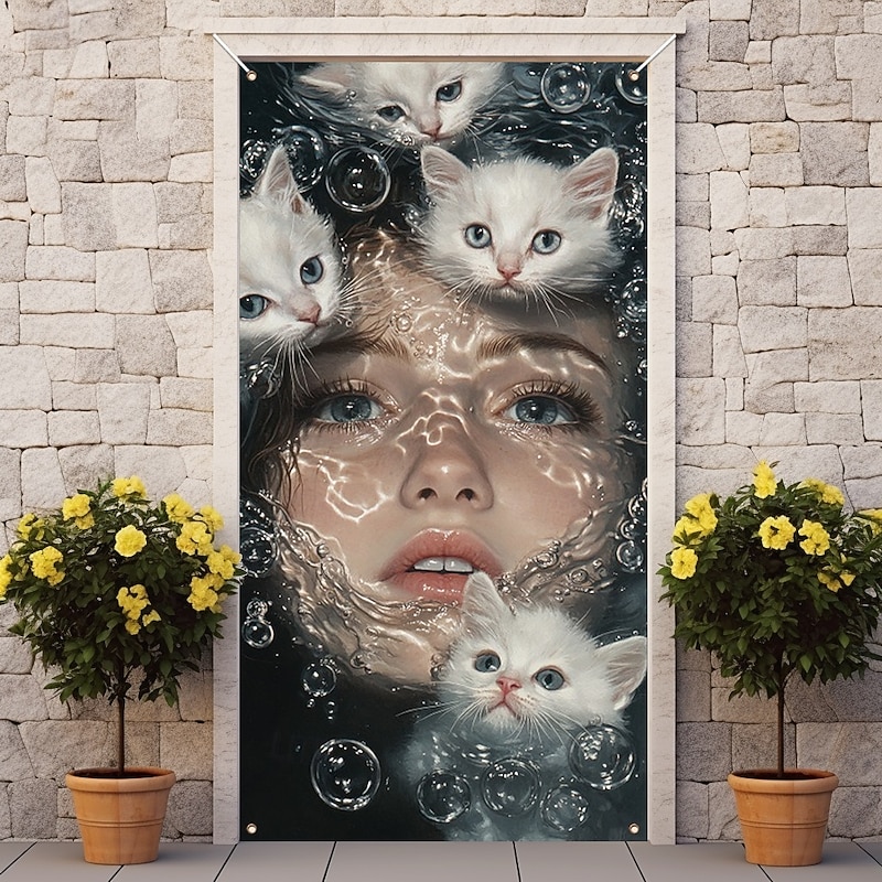 Girl Cats Door Decorations Door Covers Door Tapestry Door Curtain Decoration Backdrop Indoor/Outdoor Door Banner for Front Door Farmhouse4