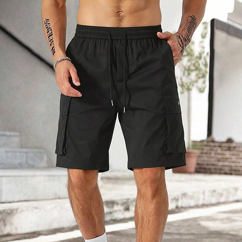 Men's Cargo Shorts Shorts Summer Shorts Drawstring Elastic Waist Multi Pocket Plain Comfort Wearable Knee Length Outdoor Sport Daily Fashion Casual Black Light Green3
