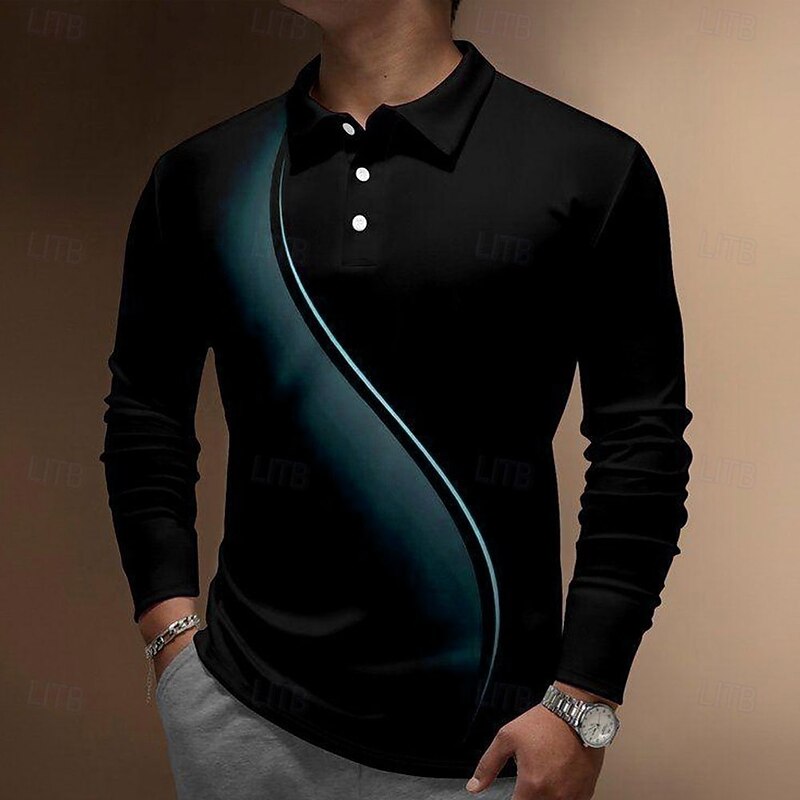 Men's Geometic Line Long Sleeve Polo Shirts Collared Shirts Casual Business Casual Party Evening Wear Athleisure Daily Wear 3D Print Buttons Spring Fall & Winter Black Blue Purple2