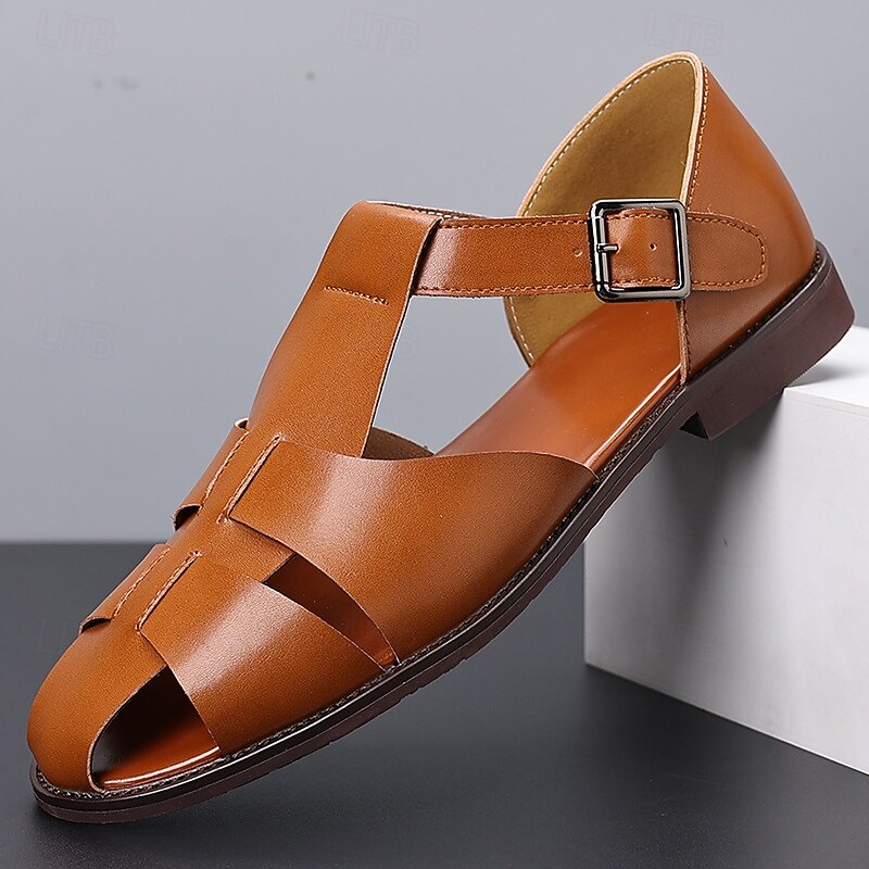 Men's Tan Faux Leather Open-Toe Sandals with Adjustable Buckle Strap, Casual Style for Everyday Wear
