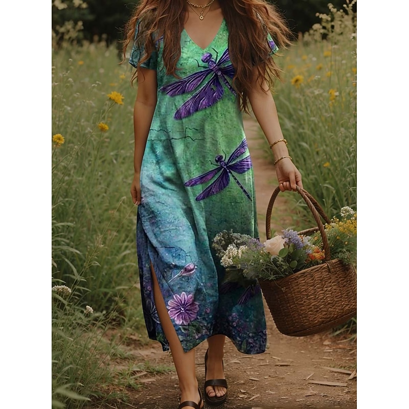 Women's Maxi Dress Casual Dress A Line Dress Bohemia Vacation Vintage Vacation Daily Regular Fit Floral Short Sleeve V Neck Yellow Light Green Orange Green Summer Spring