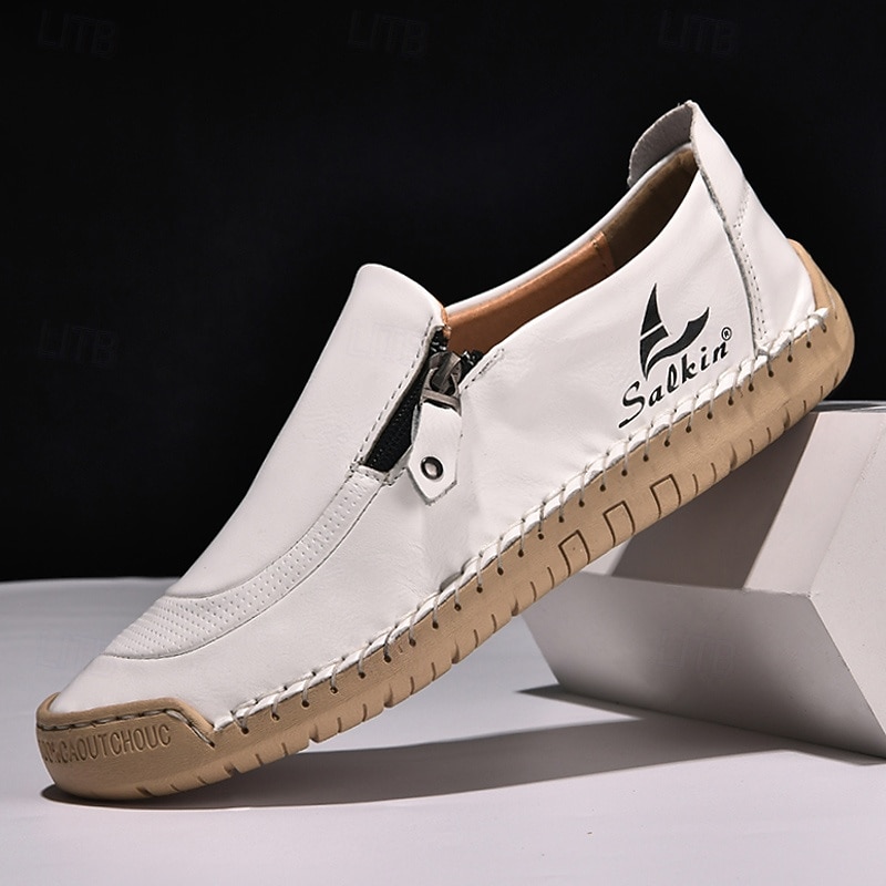 Men's White Slip-On Faux Leather Sneakers with Zipper and Durable Rubber Soles – Casual Everyday Shoes for Comfortable Wear