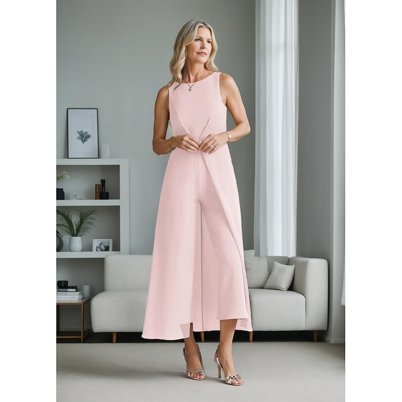 Jumpsuit Mother of the Bride  Wedding Guest Elegant Simple Minimalist Jewel Neck Ankle Length Polyester Sleeveless with Pleats Ruching Solid Color