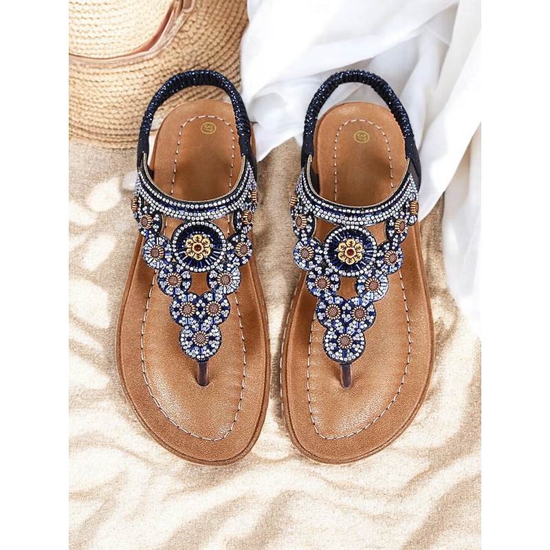 Women's Beaded Floral Sandals – Stylish Boho Thong Sandals with Rhinestone Embellishments for Summer, Beach, and Casual Wear