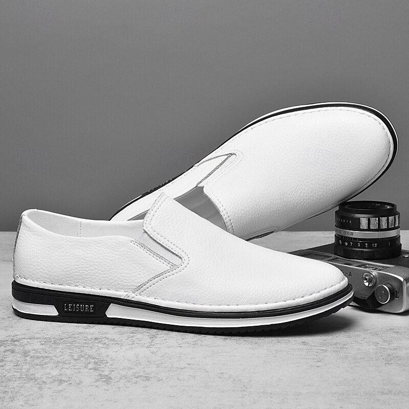 Men's Slip-On Faux Leather Sneakers, Casual White Shoes with Comfortable Rubber Sole, Stylish and Versatile Footwear for Everyday and Leisure Activities2