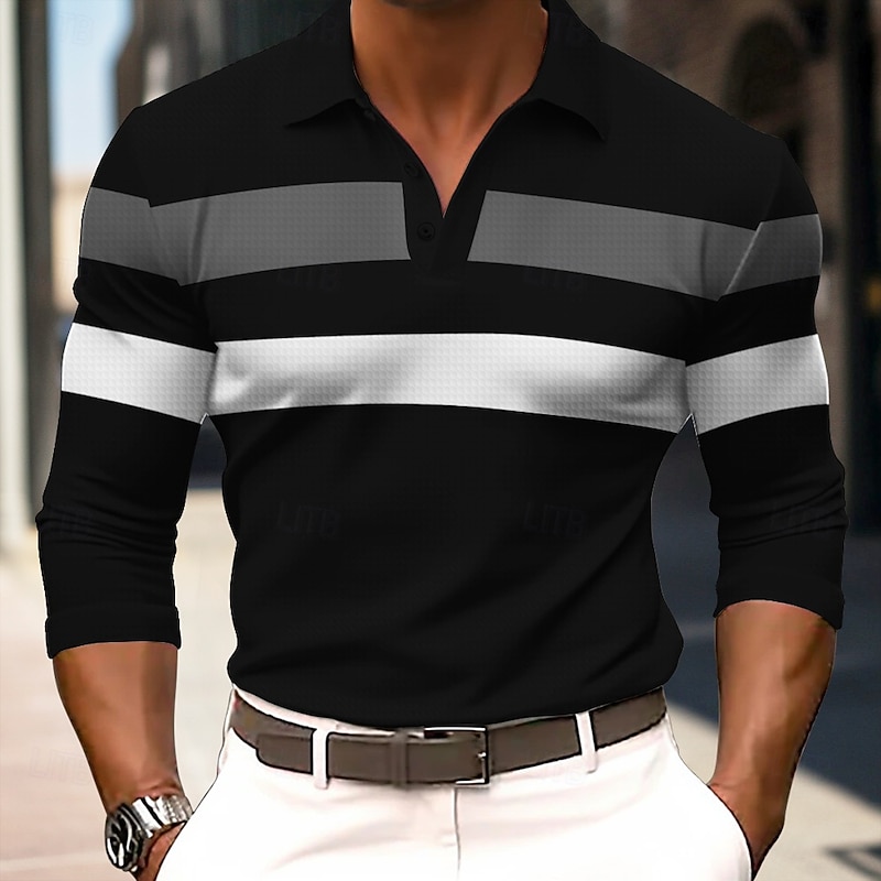 Men's Striped Rugby Polo Shirts Long Sleeve Polo Shirts Collared Shirts Business Casual School Athleisure Daily Wear 3D Print Spring Fall Winter Black Army Green Dark Blue2