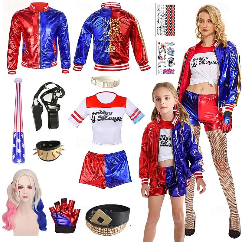 Harley Quinn Costumes 13 PCS Set Joker 2 Suicide Squad Clown Cosplay Costume Outfits with Wigs Accessries Embroidered Women's Girls' Movie Cosplay Halloween Carnival Performance Party