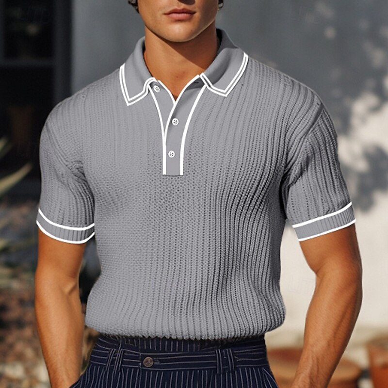 Men's Rib Knit Top Muscle Shirt Holiday Lapel Ribbed Polo Collar Short Sleeve Basic Modern Color Block Patchwork Pocket Spring & Summer Slim Fit White Burgundy Navy Blue Gray Light Blue Rib Knit Top3