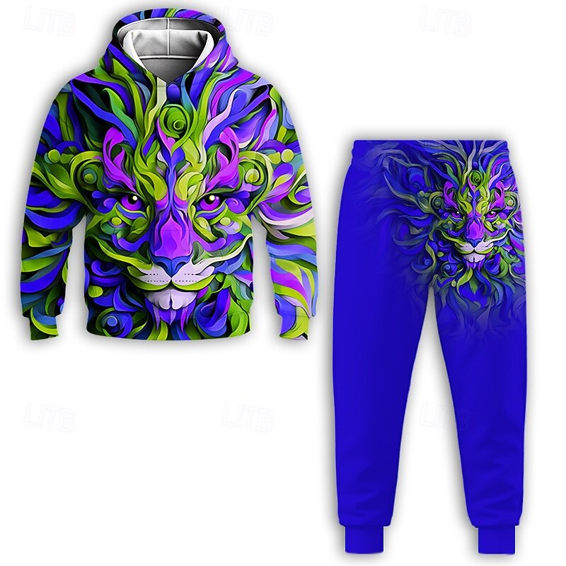 Boys 3D Graphic Animal Lion Hoodie & Sweatpants Set Sports Suit Tracksuits Long Sleeve Spring Fall Daily Basic Casual Kids 4-12 Years Hooded Outdoor Vacation Sports Tailored Fit3