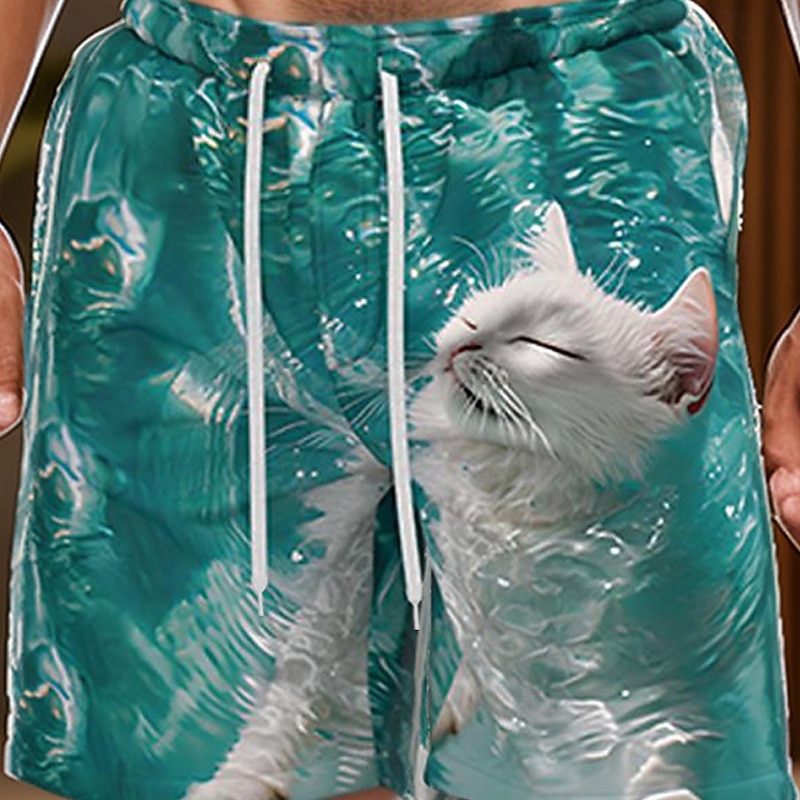 Men's Animal Cat Ocean Swim Shorts Board Shorts Swimming Trunks Mid Waist Streetwear Hawaiian Vacation Holiday Beach Wear Side Pockets Mesh Lining Elastic Drawstring Waist Designer Clothing Apparel2