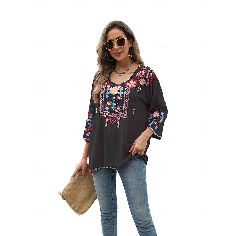 Women's Boho Shirt Solid Color Floral Bohemia Daily Luxurious 3/4 Length Sleeve Elbow Sleeve Crew Neck Regular Tops Work Daily Going out Embroidered Black Yellow Rose Pink Summer