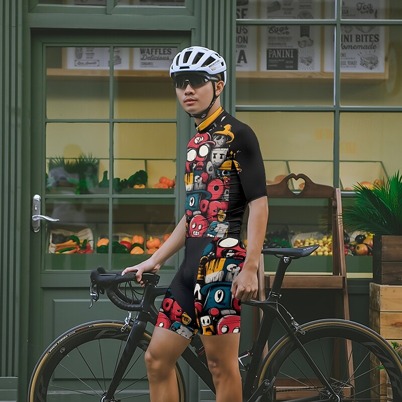 Men's Cycling Jersey with Shorts Cartoon Short Sleeve Bike Clothing Suit with 3 Rear Pockets Mountain Bike MTB Road Bike Cycling Front Zipper Sweat wicking Comfortable Breathable Sports Black Yellow3