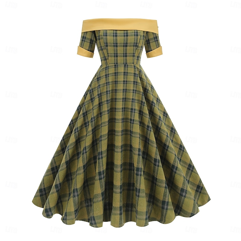 Elegant 1950s Vintage Inspired Knee Length Dress A-Line Dress Tea Dress Plaid A-Line Fancy Dress Women's Christmas Carnival New Year Homecoming Daily Wear Bachelorette Party Adults' Homecoming Dresses