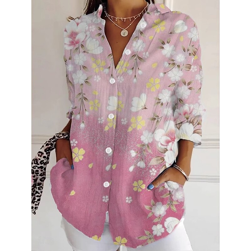Women's Shirt Button Down Tunic Shirt Collar Long Sleeve Ombre Floral Graphic Daily Stylish Retro Vintage Regular Tops Daily Holiday Going out s Pink Spring