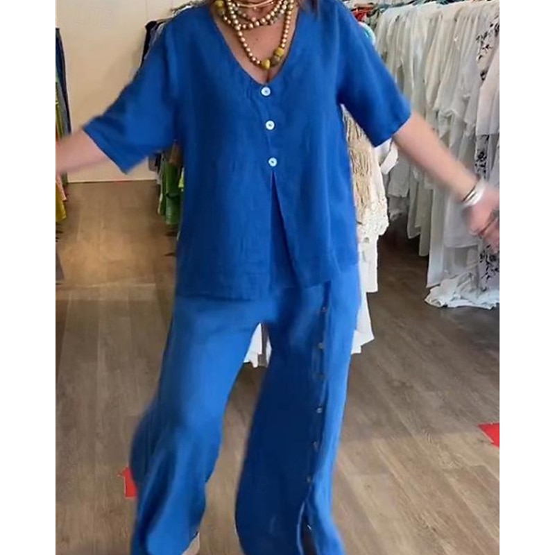Women's Fashion Streetwear Shirt Cotton Linen Sets Two Piece Sets Linen Pants Pants Trousers Short Sleeve V Neck Solid Color Drawstring Daily Wear Date Black White Blue Summer Regular Fit