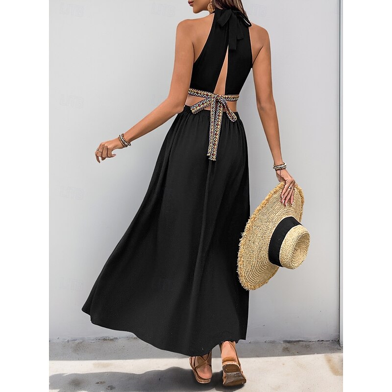 Women's Maxi Dress Black Dress Graduation Dress Casual Dress Cocktail Dress Vacation Casual Vacation Daily Holiday Regular Fit Plain Sleeveless V Neck Black Summer2