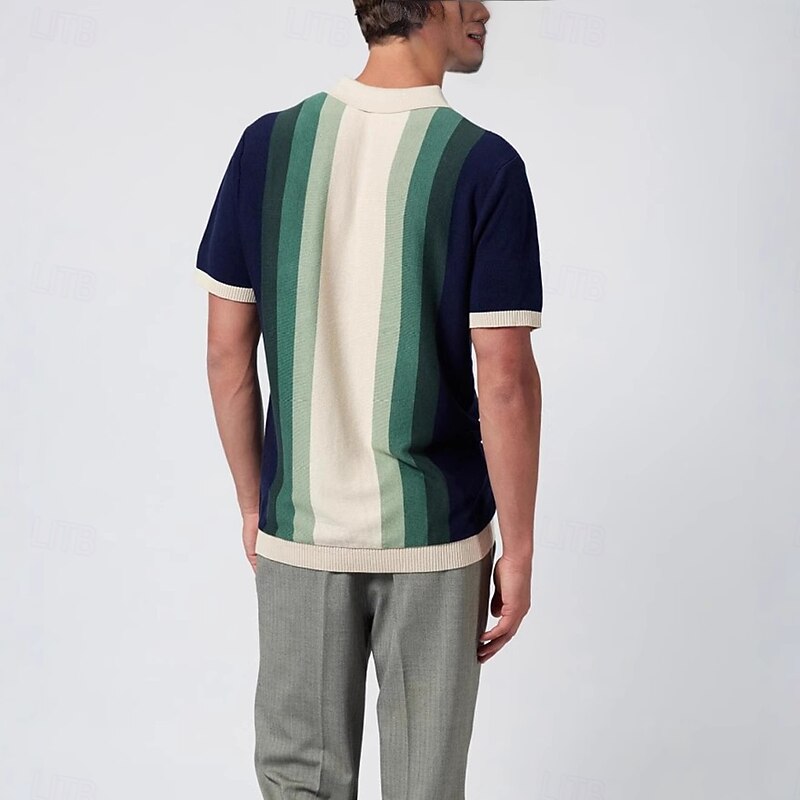 Retro Vintage 1970s Shirt Knit Polo Hippie Button Down Striped Fancy Dress Men's Vacation Party Dailywear Adults' Top Spring & Summer4