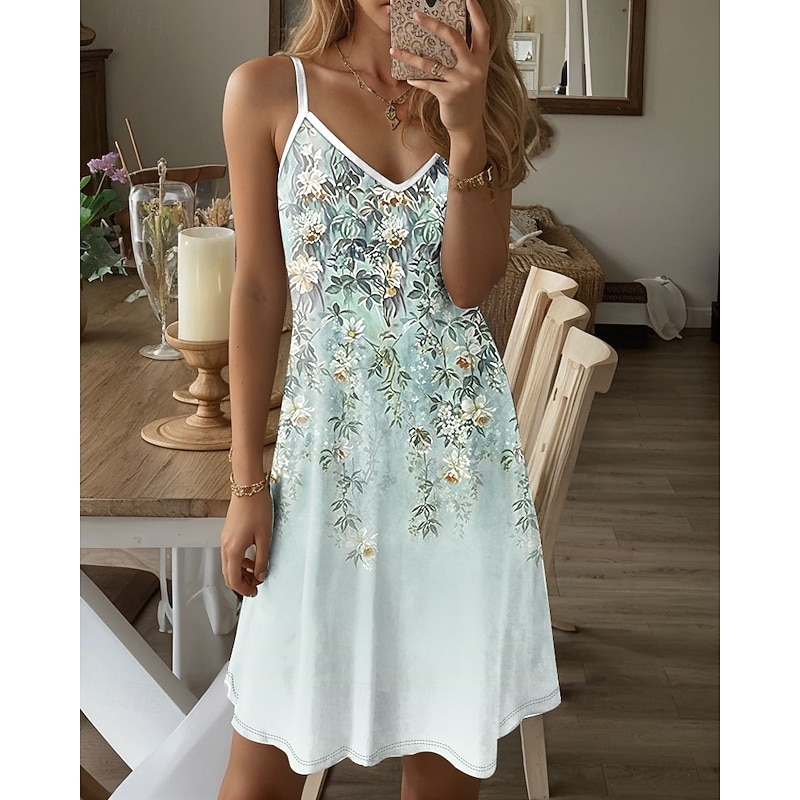 Women's Mini Dress Casual Dress Petite Dress Sundress Summer Dress Vacation Casual Vacation Daily Holiday Regular Fit Floral Graphic Sleeveless V Neck Green Summer