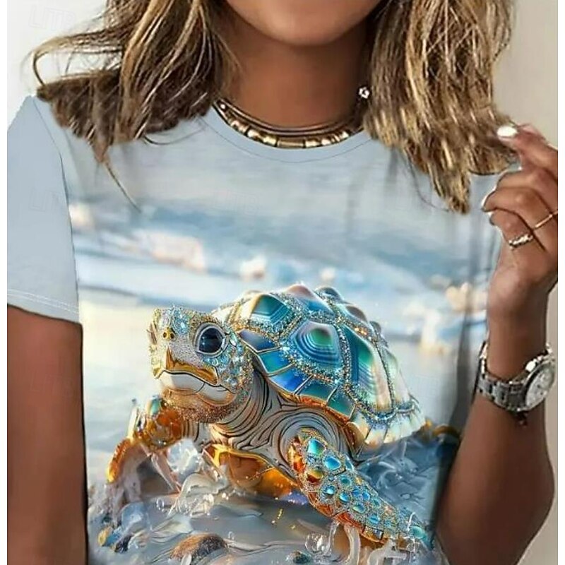 Women's T Shirt Sea Turtle Casual Short Sleeve Round Neck Regular Tops Daily Print Blue Summer3