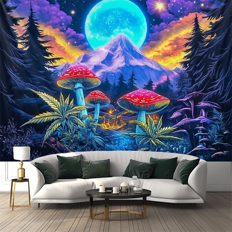 Blacklight Tapestry Glow in the Dark Glow Party UV Reactive Trippy Misty Mushrooms Mountain Nature Landscape Hanging Tapestry Wall Art Mural for Living Room Bedroom4