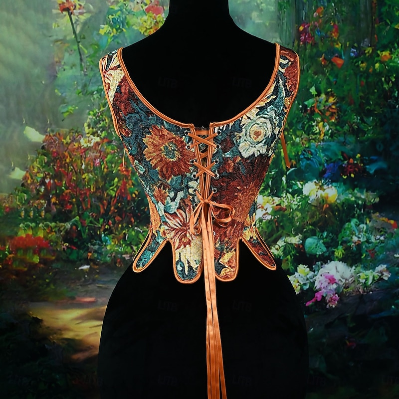 Retro Vintage Medieval Renaissance Corset Vest Bustier Lace up Floral Jacquard Fancy Dress Women's Celtic Fantasy Royal Halloween Carnival Party Casual Daily LARP Adults' Corset3