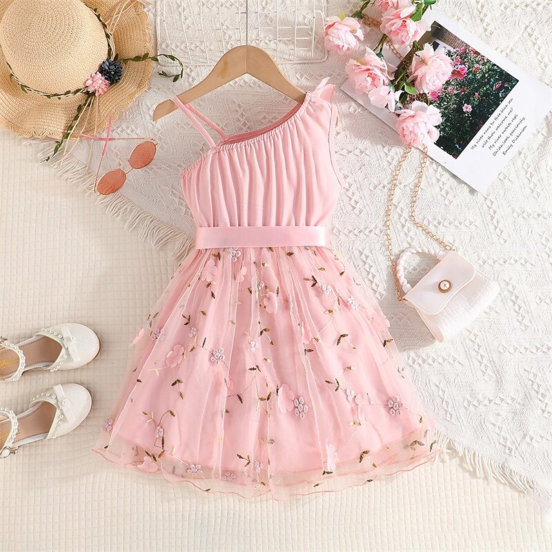 Kids Girls' Dress Floral Dress Flower Sleeveless Outdoor Casual Ruffle Fashion Daily Polyester Knee-length Casual Dress A Line Dress Summer 4 years+ Yellow Pink Red3