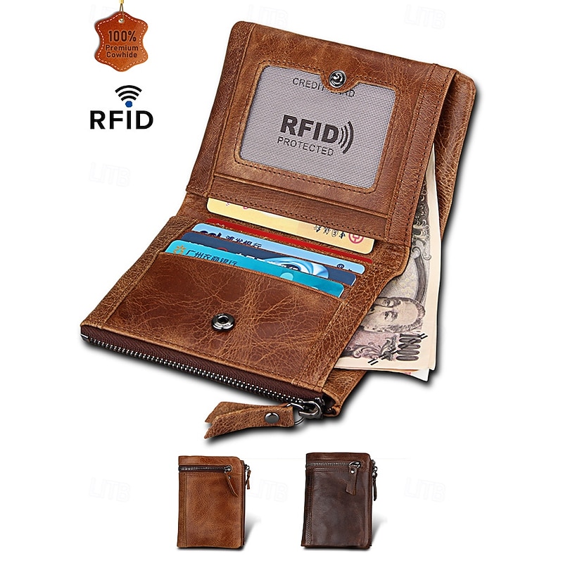 RFID-Blocking Leather Wallet for Men – Premium Cowhide with Zippered Closure, Multiple Card Slots, and Currency Compartment – Stylish and Secure Everyday Accessory Black Brown2