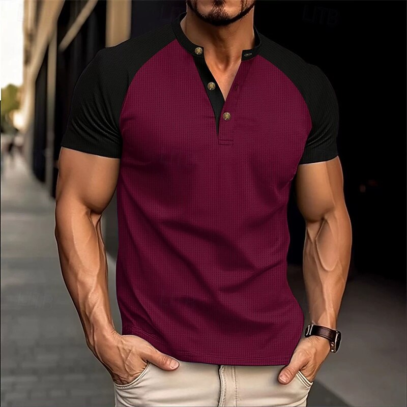 Men's Button T Shirt T Shirt Waffle Henley Shirt Henley Shirt Short Sleeve Henley Summer Color Block Fashion Designer Basic Patchwork Vacation Street Going out Wine Dark Green Khaki Top Tee for Men4