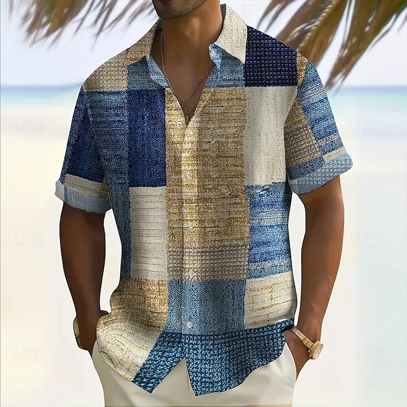 Men's Geometric Color Block Patchwork Shirt Button Up Shirt Short Sleeve Fashion Casual Vacation Holiday Streetwear Summer Turndown 3D Print Collared
