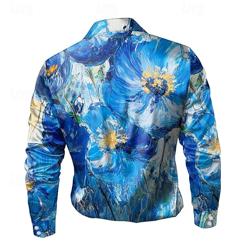 Men's Floral Print Flowers Satin Shirt Dress Shirt Button Up Shirt Long Sleeve Fashion Casual Vacation Daily Evening Party Summer Spring Fall Turndown Collared Shirts 3D Print Blue2