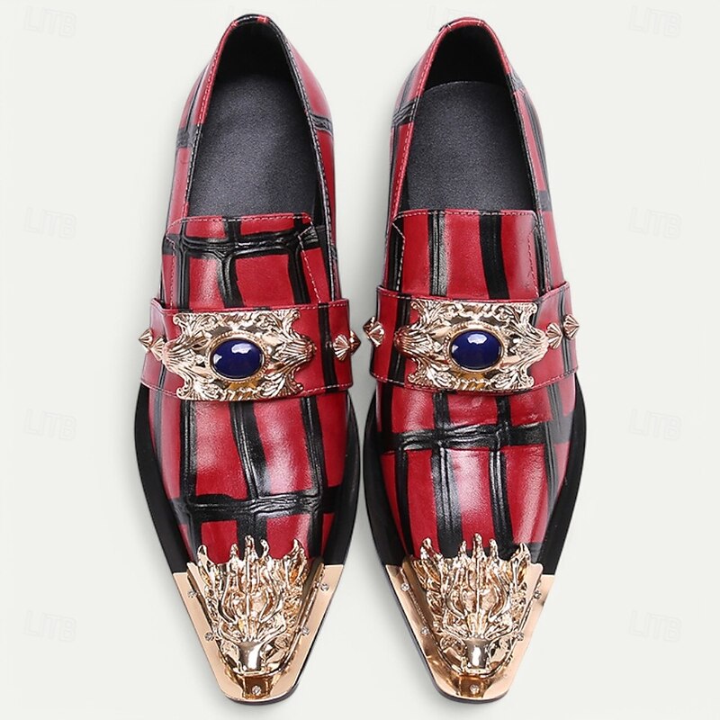 Men's Red Plaid Leather Loafers with Gold Tip Gold Lion Decoration–Premium Cowhide, Slip-On Style for Formal and Fashionable Occasions2