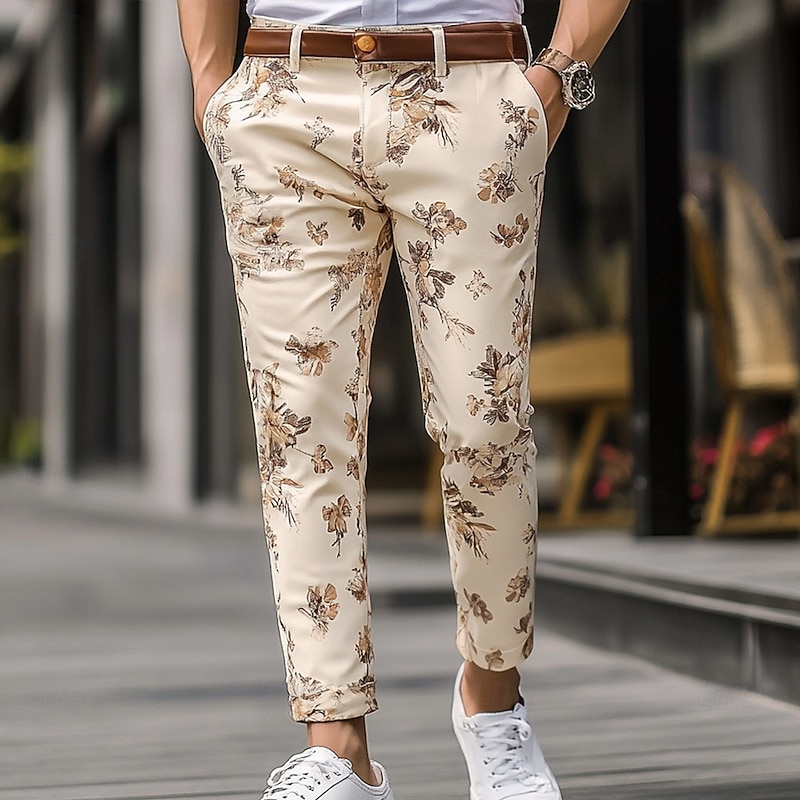 Men's Floral Plants Dress Pants Trousers Mid Waist Business Casual Outdoor Vacation Streetwear with Pockets Slim Fit Flat-Front Summer Spring 3D Print khaki