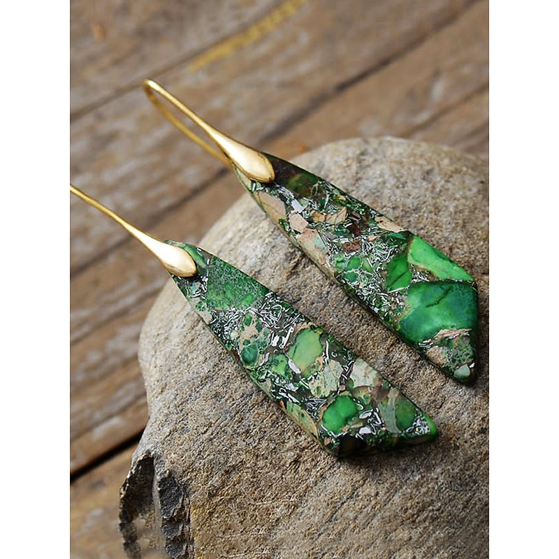 Natural Stone Green Drop Earrings with Gold Hooks - Boho Style, Unique Gemstone Jewelry for Women, Perfect for Casual and Elegant Occasions3