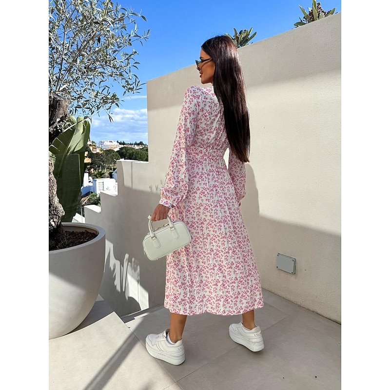 Women's Long Dress Maxi Dress Maxi Dress Floral Dress Elegant Regular Fit Floral Long Sleeve V Neck Pink Red Blue Fall2