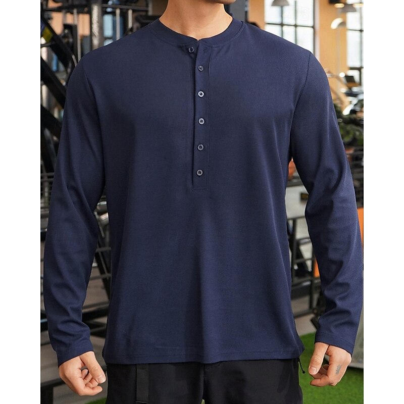 Men's Button T Shirt T Shirt Henley Shirt Tee Long Sleeve Henley Spring Fall Plain Fashion Designer Basic Buttons Vacation Street Going out Black Navy Blue Light Grey Top Tee for Men4