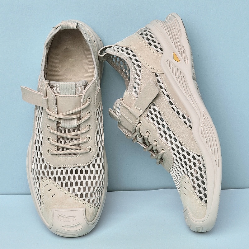 Men's Beige Mesh Sneakers with Lace-up & Velcro Strap, Breathable Casual Sports Shoes for Summer2