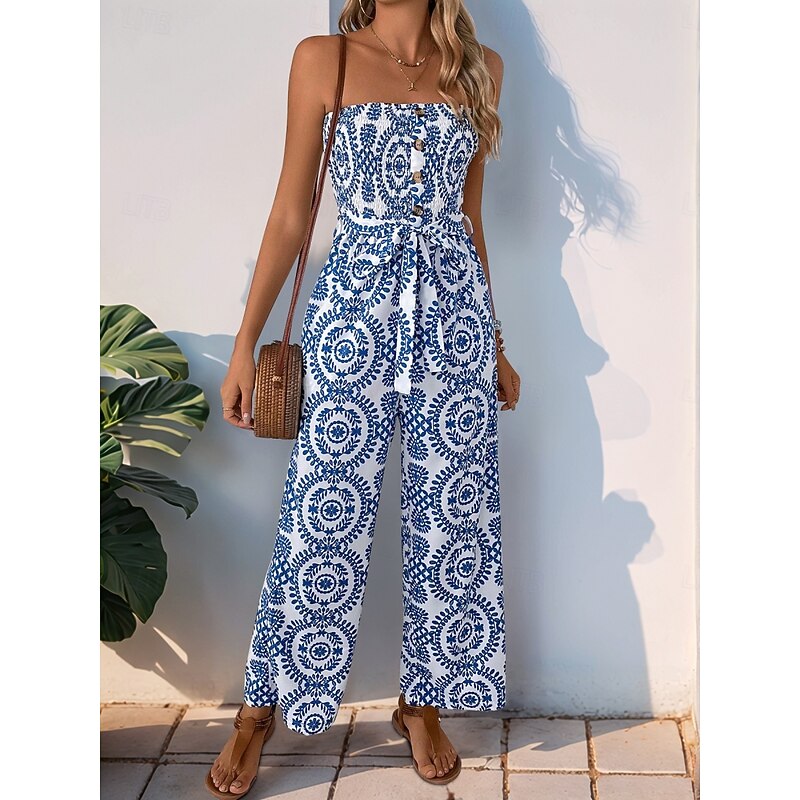 Women's Normal Jumpsuit Active Floral Sleeveless Strapless Backless Pocket Vacation Daily Regular Fit Blue Summer4